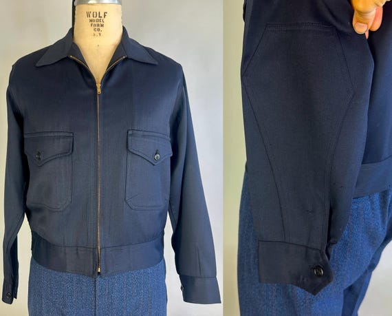 1950s Reliable Ricky Jacket | Vintage 50s Navy Blue Wool Gabardine Zip Front Casual Workwear Uniform Coat with Coffin Sleeves | Small Medium