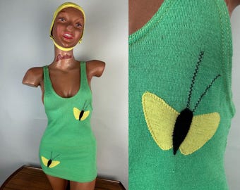 1920s Basking Butterfly Bathing Suit | Vintage Antique 20s Green Wool One Piece Swimsuit with Yellow Butterflies Appliqués | XS Small Medium