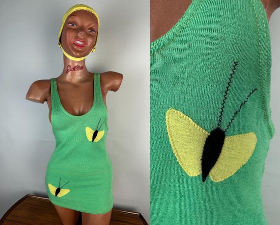 1920s Basking Butterfly Bathing Suit | Vintage Antique 20s Green Wool One Piece Swimsuit with Yellow Butterflies Appliqués | XS Small Medium