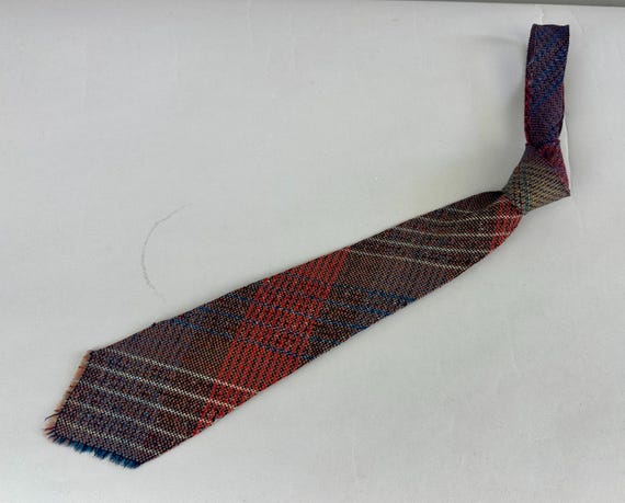 1930s Plaid Pete Necktie | Vintage 30s Los Wigwam Hand Woven Wool Red Blue Orange and White Stripe Self Tie Cravat with Small Fringe Edge