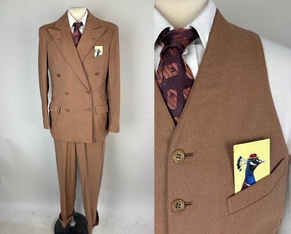 1940s Natural in Neutrals Suit | Vintage 40s Three Piece Camel Brown Wool Peak Lapel Jacket Vest and Trousers Dated 1942! | Size 36 Small