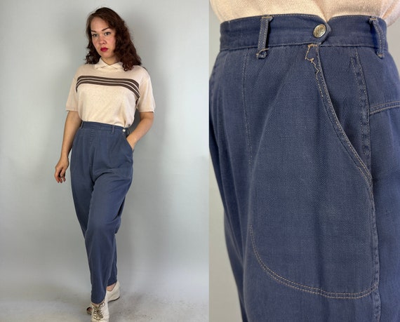 1950s Donna's Dancing Denim | Vintage 50s Workwear Blue Jeans with Pale Yellow Top Stitching and Metal Side Zip with Snaps | Medium Large XL