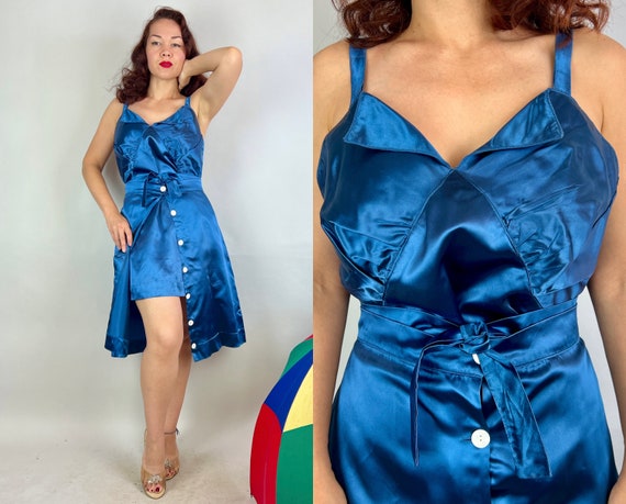 1930s Cocktail Hour Playset | Vintage 30s Three Piece Cobalt Blue Satin Rayon Skirted Playsuit Romper with Skirt and Belt | Extra Large XL