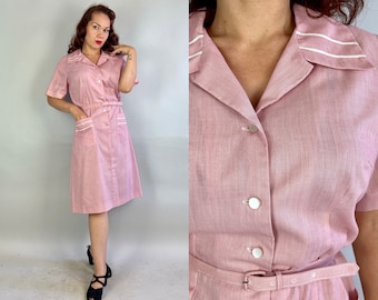 1950s Prim in Pink Frock | Vintage 50s Micro Striped Cotton Shirtwaist Dress with White Piping and Button Up Front and Belt | Extra Large XL