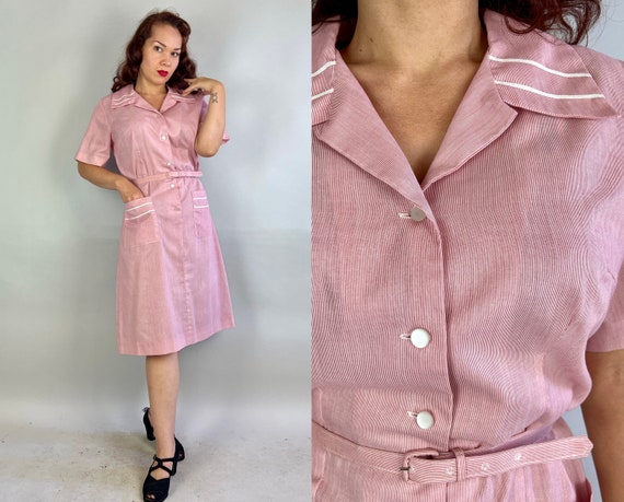 1950s Prim in Pink Frock | Vintage 50s Micro Striped Cotton Shirtwaist Dress with White Piping and Button Up Front and Belt | Extra Large XL