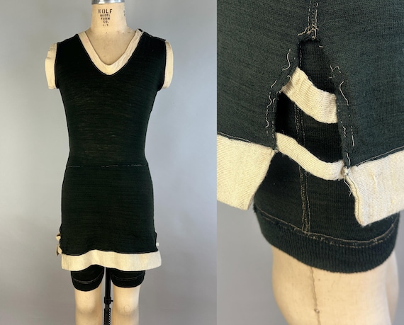 1920s Dive Right In Swimsuit | Antique Vintage 20s Wool Knit Two-Tone Bathing Suit in Black and White w/Strapped Slits | Small Medium