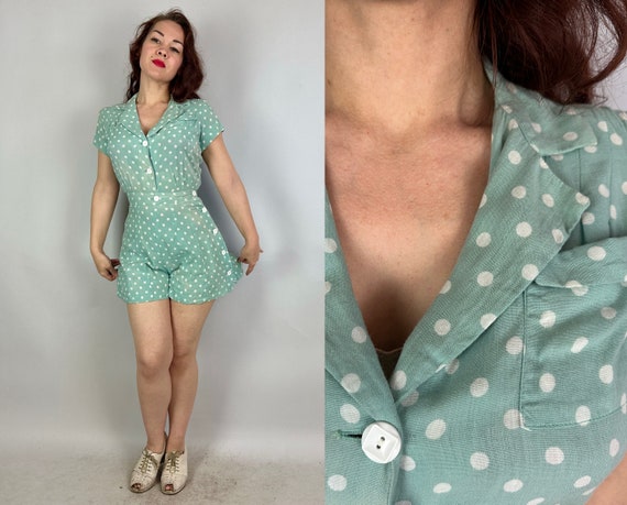 RESERVEDBetty's Basking Playsuit | Vintage 40s Mint Green and White Polkadot Cotton Shirtwaist Romper Onesie with Side Button Shorts | Small