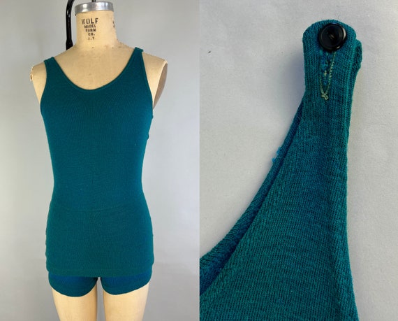 1920s Terrific Teal Swimsuit | Vintage 20s Blue Green Wool Art Deco One Piece Bathing Suit Swimwear w/ Black Button | Small Medium Large