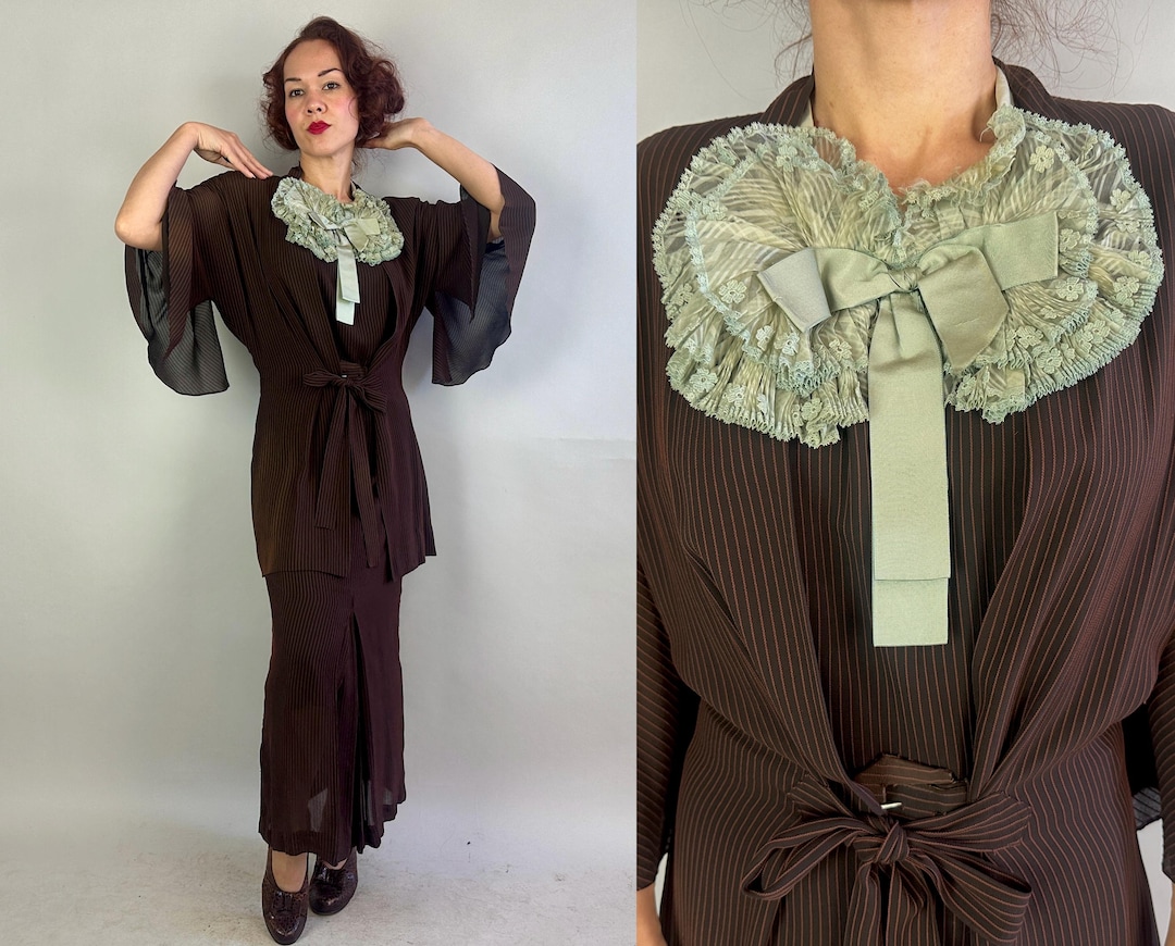 1930s Succeeding in Stripes Dress Set | Vintage 30s Three Piece Brown ...
