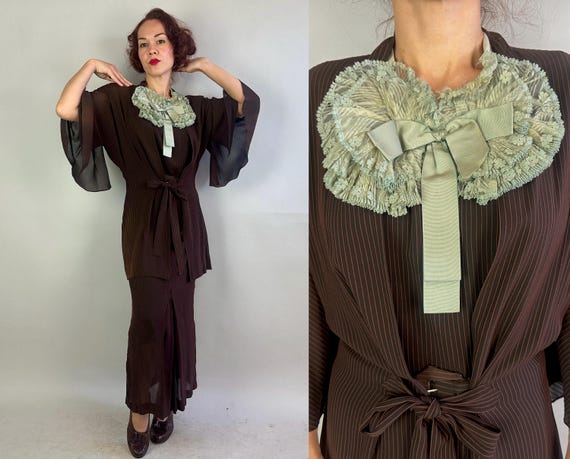 1930s Succeeding in Stripes Dress Set | Vintage 30s Three Piece Brown Rayon Chiffon and Blue Lace Frock Angel Sleeve Jacket and Belt | Large