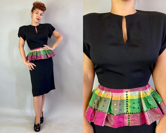 1940s Cocktail Couture Frock | Vintage 40s Black Rayon Crepe Frock with Rainbow Plaid Taffeta Full Smocked Peplum with Metal Sequins | Small