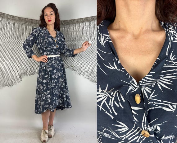 1940s Under the Bamboo Tree Frock | Vintage 40s Black and White Bamboo Reed and Leaf Print Rayon Dress w/Capelet Collar | Extra Large XL