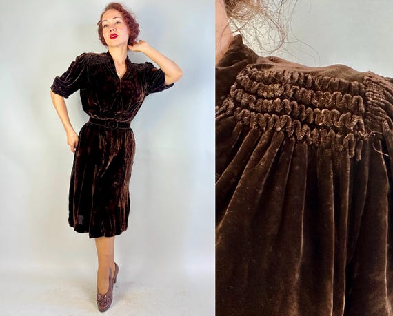 1940s Delicious Donna Dress | Vintage 40s Chocolate Brown Silk Velvet Frock with Puff Sleeves Smocking Accents and Belt | Extra Large XL