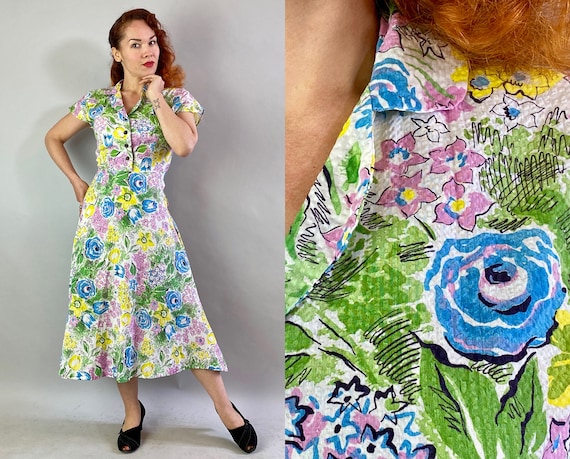 1940s Feel Good Flower Frock | Vintage 40s Blue Yellow Pink Green and Black Floral Print White Seersucker Cotton Shirtwaist Dress | Small