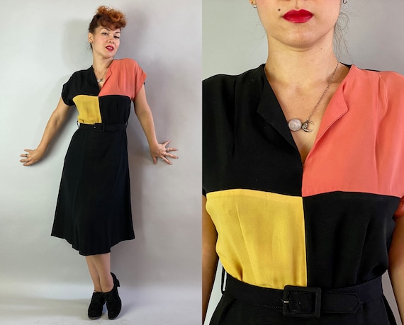 1940s Color Block Frock | Vintage 40s Black Rayon