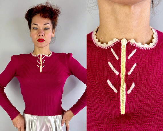 1930s Chevrons and Celluloid Sweater | Vintage 30s Fuchsia Wool Knit Pullover Jumper Blouse w/White Accents & Puff Shoulders | Small Medium