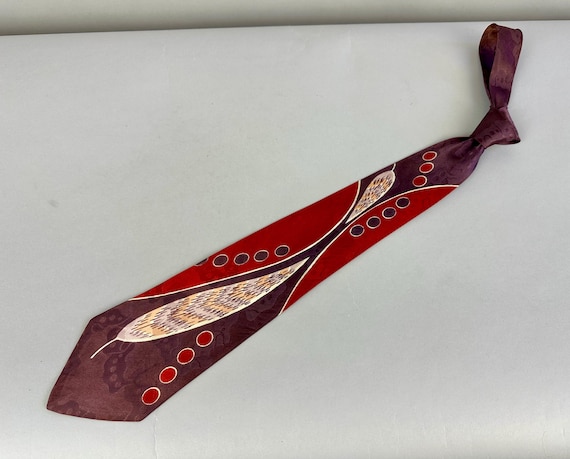 1940s Feather Fantasy Necktie | Vintage 40s Deep Mauve Red White and Peach Rayon Self Tie Cravat with Curves Circles and Wavy Ribbons
