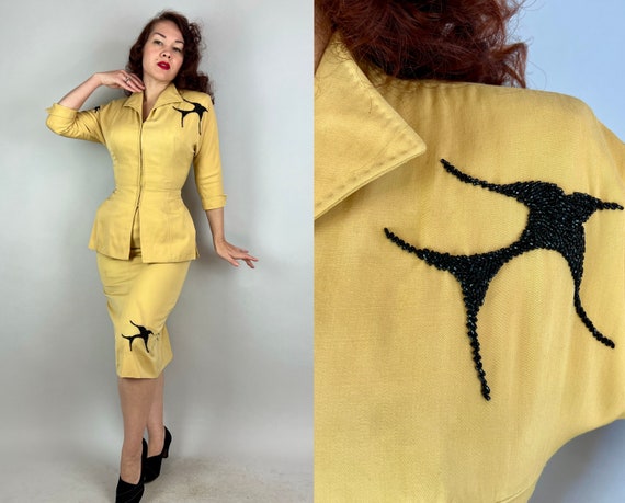 1940s Birds of a Feather Suit | Vintage 40s Canary Yellow Wool Gabardine Cocktail Set w/Black Beading Skirt and Zip Jacket | Extra Small XS