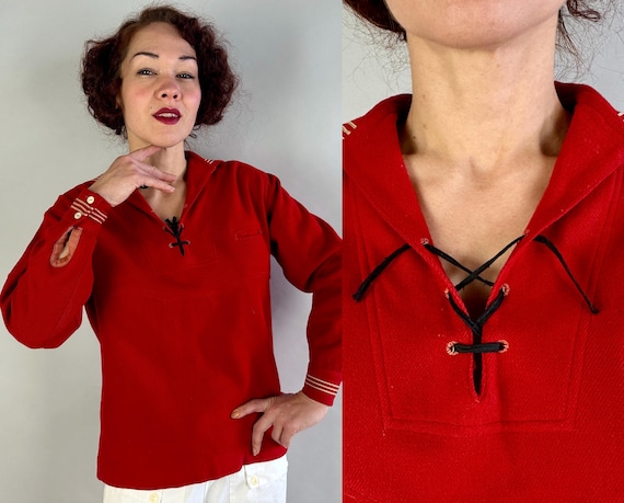 1920s Sally Sailor Blouse | Vintage 20s Red and White Stripes Nautical Wool Midi Shirt Togs Top with Flap Collar Lacing and Pocket | Medium