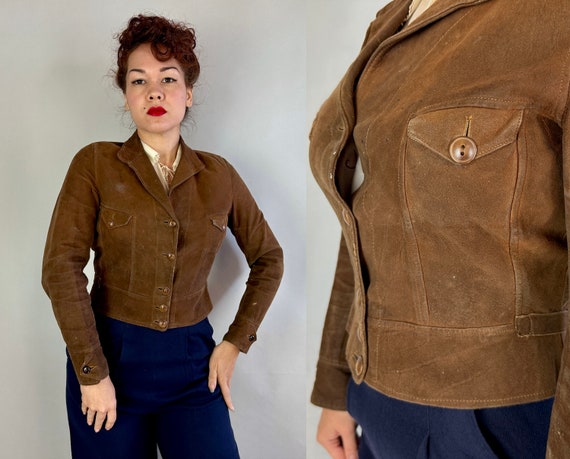 1930s Rugged Rebecca Cossack Jacket | Vintage 30s Walnut Brown Suede Cropped Coat w/Chest Pockets and Waist Adjusters | Small Extra Small XS