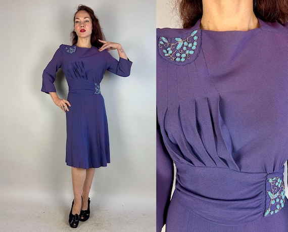 1940s Victoria's Victorious Vines Dress | Vintage 40s Purple Asymmetrical Pleated Teal Beadwork Cocktail Frock with Attached Belt | Medium