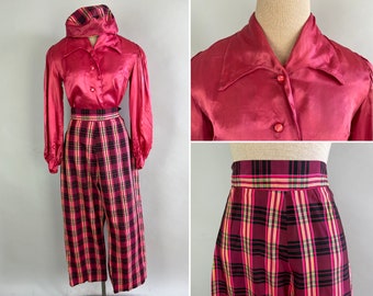 1950s Run Away with the Circus Set | Vintage 50s Fuchsia Pink Plaid Three-Piece Ensemble with Hat, Blouse, and Pants | Extra Small XS