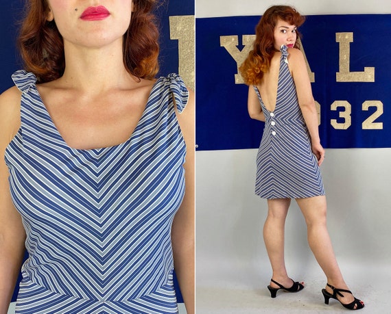 1930s Chevron Sashay Romper | Vintage 30s Blue White + Grey Striped Rayon Jersey Playsuit Button Back & Tie Straps from "I.Magnin" | Medium