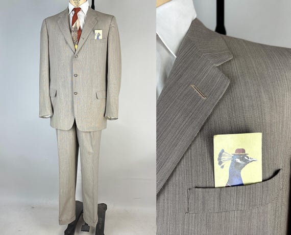 1950s Best On The Boulevard Suit | Vintage 50s Taupe Brown and White Micro Stripe Summer Weight Wool Jacket and Trousers Set | Size 42 Large