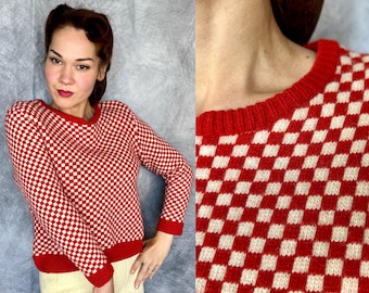 1940s Cherry Checkers Wool Sweater | Vintage 40s Red and White Checkered Knit Pullover with Notched Collar | Medium
