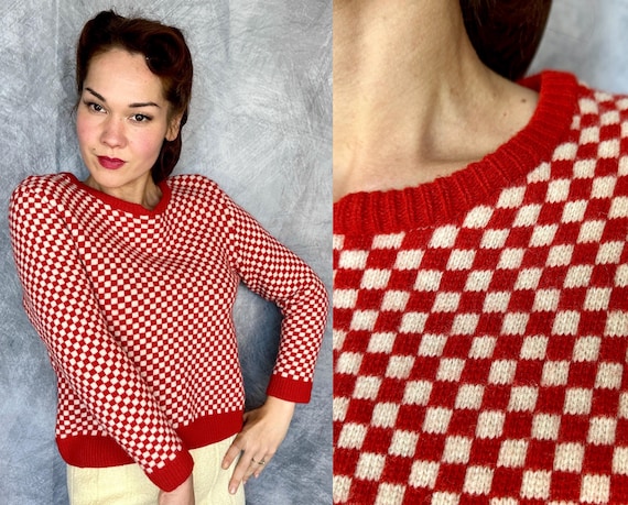 1940s Cherry Checkers Wool Sweater | Vintage 40s Red and White Checkered Knit Pullover with Notched Collar | Medium
