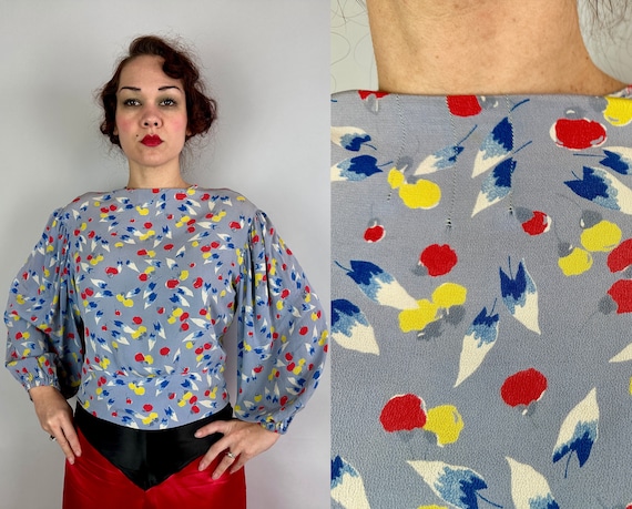 1930s Spring Fling Blouse | Vintage 30s Blue Red Yellow and White Rayon Crepe Shirt with Balloon Sleeves and Keyhole | Medium Large