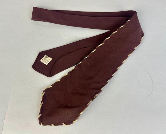 1930s Laced Lasso Necktie | Vintage 30s Dark Chocolate Brown Wool Western Cowboy Self Tie Cravat with White Leather Lacing Trim
