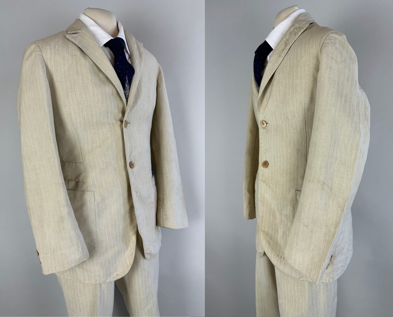 1920s Belted Back Suit Vintage 20s Antique Oatmeal and White Pinstripe Peak Lapel Tunnel Loops Jacket & Pants Dated 1929 Size 34 Small image 6