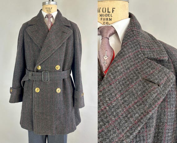 1930s Advanced Adventure Mackinaw | Vintage 30s Grey Wool Red Windowpane Plaid Check Double Breasted Barnstormer with Belt | Large