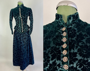 1800s Ethereal Envy Dress Ensemble | Antique Victorian Two Piece Forest Green Velvet Floral Burnout Skirt & Bodice Gown Set | Extra Small XS