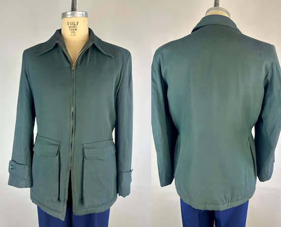 1940s King of the Slopes Ski Jacket | Vintage 40s Pine Green Wind and Water Repellant Cotton Sportswear Casual Short Coat | Size 38 Medium