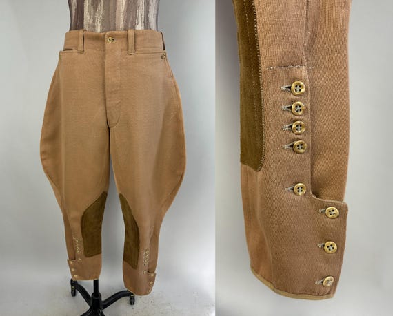 1930s Joe's Jaunty Jodhpurs | Vintage 30s Taupe Brown Wool Twill Riding Breeches Pants w/Button Cuffs and Suede Leather Patches | 32" Medium
