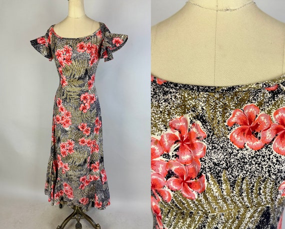 1950s Luau Goddess Gown | Vintage 50s Mottled Bla… - image 1