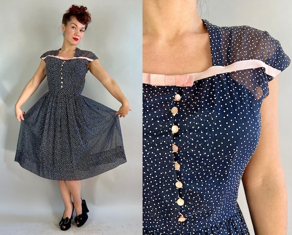 1940s Polka Dot Perfection Dress | Vintage 40s Navy Blue & White Swiss Dots Spots Flocked Sheer Shirtwaist Frock w/Pink Silk Ribbon | Small