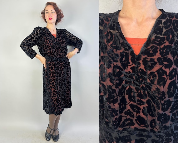 1930s Velvet Vamp Frock | Vintage 30s Sheer Black Silk Devore Burnout Velvet Deco Dress with Floral Pattern | Extra Large XL