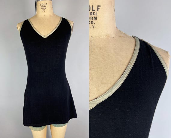 1920s Silent Star Swimsuit | Antique Vintage 20s Black Cotton Jersey with Mint Trim One Piece Bathing Suit Swimwear | Medium Large