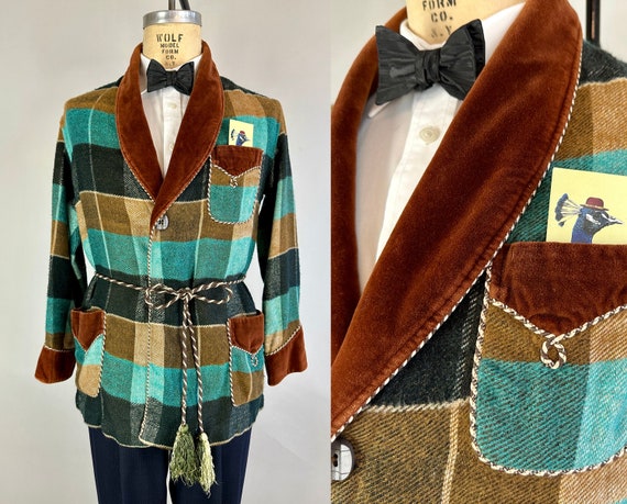 1950s Night Cap Smoking Jacket | Vintage 50s Blues & Browns Plaid Flannel Wool Velveteen Shawl Lapel Loungewear Blazer Robe | Medium Large