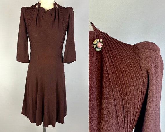 1940s Autumn in NY Dress | Vintage 40s Brown Rayon Crepe Puff Sleeve Frock with Brooche Accents and Pintucks by "New York Creations" | Small