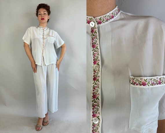 1940s Sassy Snooze Set | Vintage 40s Palest Whisper Blue Rayon Pajama Shirt & Pants Lounge Ensemble Sleepwear with Floral Trim | Small