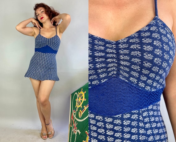 1930s Cathy's Cartwheel Bathing Suit | Vintage 30s Blue & White Pinwheel Pattern Cotton Rayon Knit One Piece Skirted Swimsuit | Small Medium