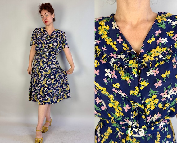 1930s Sensational Springtime Dress | Vintage 30s Blue Rayon Frock w/Pink Yellow White and Green Flower Print & Belt | Large Extra Large XL