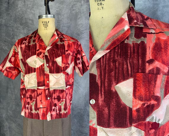 1960s Luau Love Letters Shirt | Vintage 60s Red Pink Coral and Grey Modernist Tiki Cotton Short Sleeve Hawaiian Button Up Top | Large