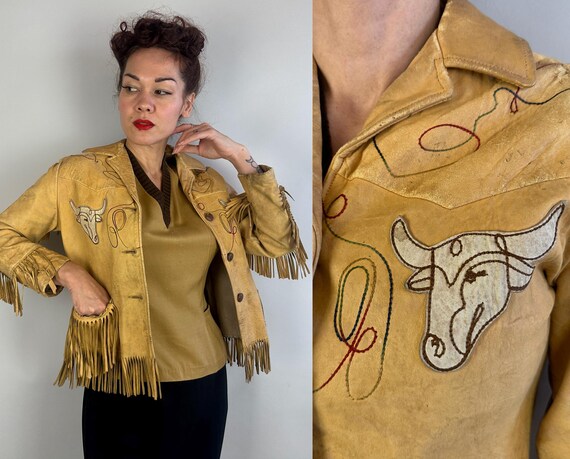 1940s Can't Stop Cowgirl Jacket | Vintage 40s Yellow Leather Fringe Western Coat w/Cow Appliques and Rainbow Embroidery | Extra Small XS