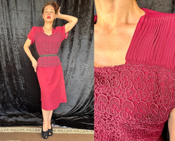 1940s Ravishing Raspberry Dress | Vintage 40s Red Rayon Crepe Frock w/Lace Overlay Pleated Yoke Peplum and Padded Shoulders | Extra Large XL