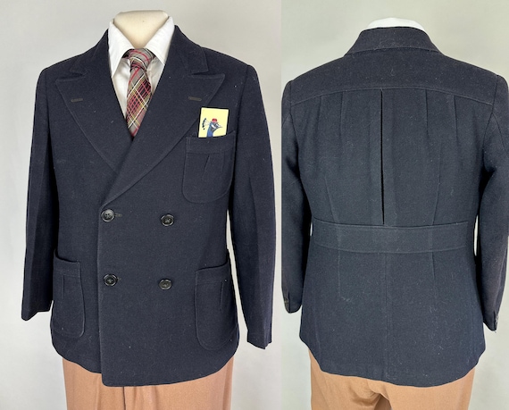 1930s Black is Best Belted Back Jacket | Vintage 30s Noir Wool Double Breasted Blazer with Pleats and Peak Lapels | Size 36 Small